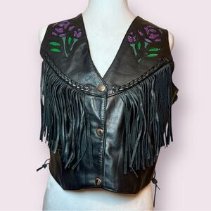 UNIK Leather Apparels Black Fringe Biker Moto Vest Rose Appliqué Vintage 80s Med